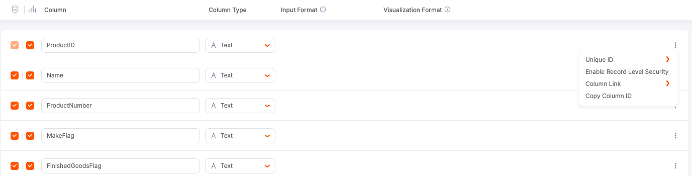 Row-Level security options menu